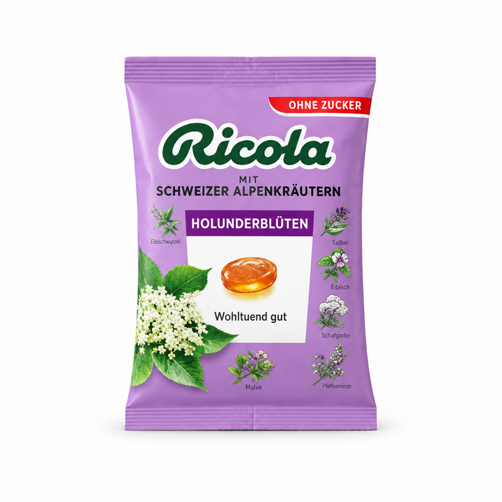 Ricola Elderflower Sugar-Free 75 g bag, front view