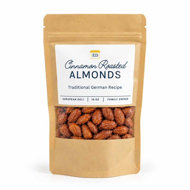 European Deli cinnamon roasted almonds, 16 oz pouch on white background