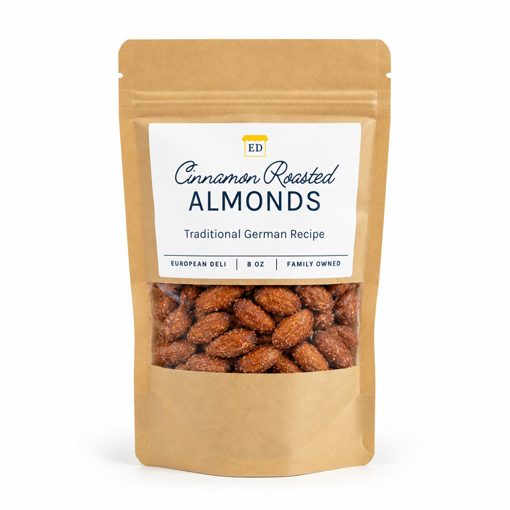 European Deli cinnamon roasted almonds, 8 oz pouch on white background