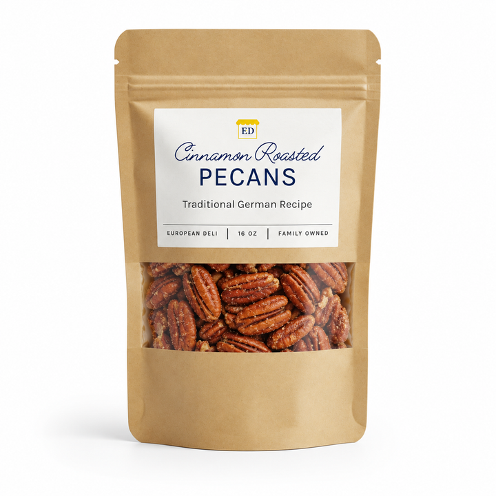 European Deli cinnamon roasted pecans, 16 oz pouch on white background