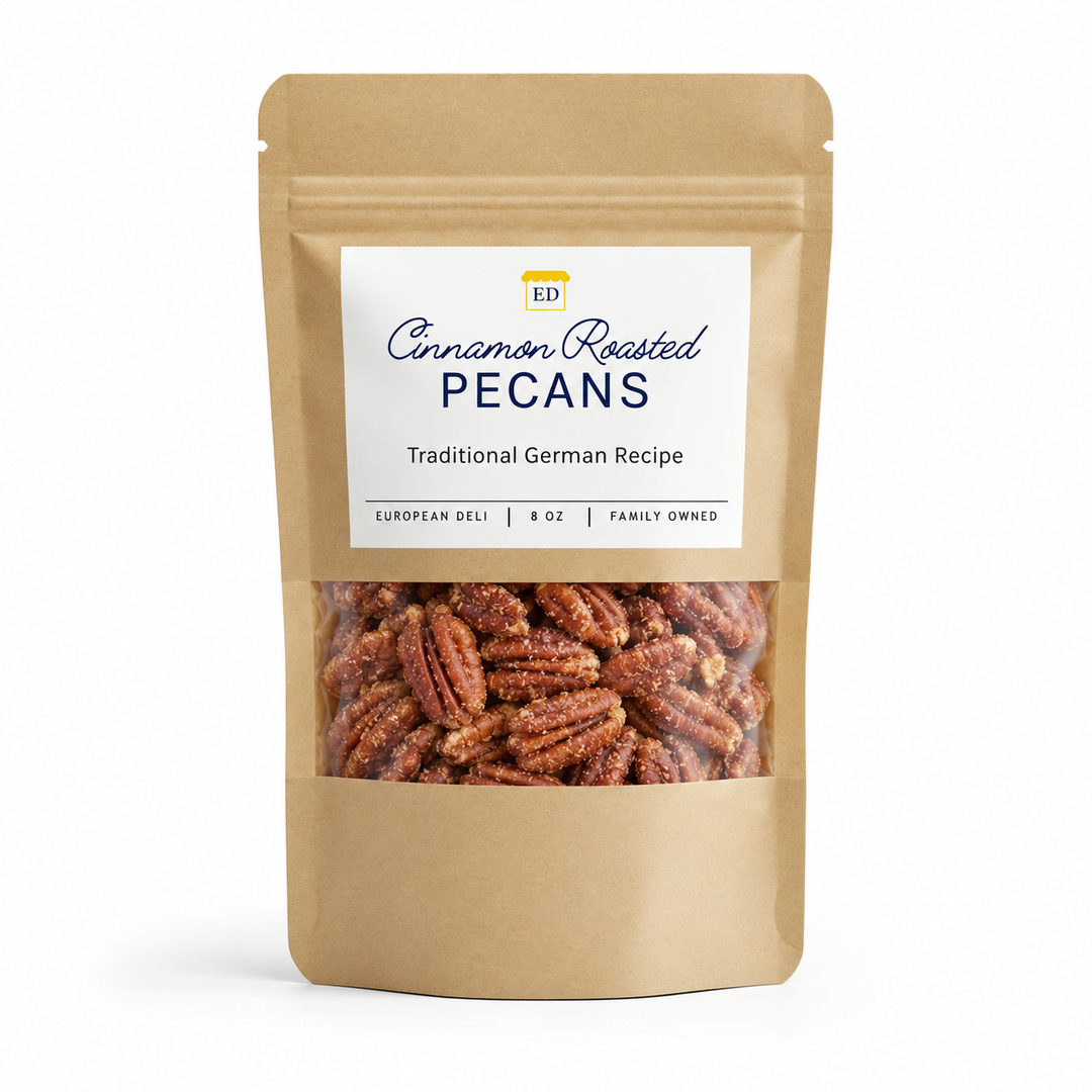 European Deli cinnamon roasted pecans, 8 oz pouch on white background