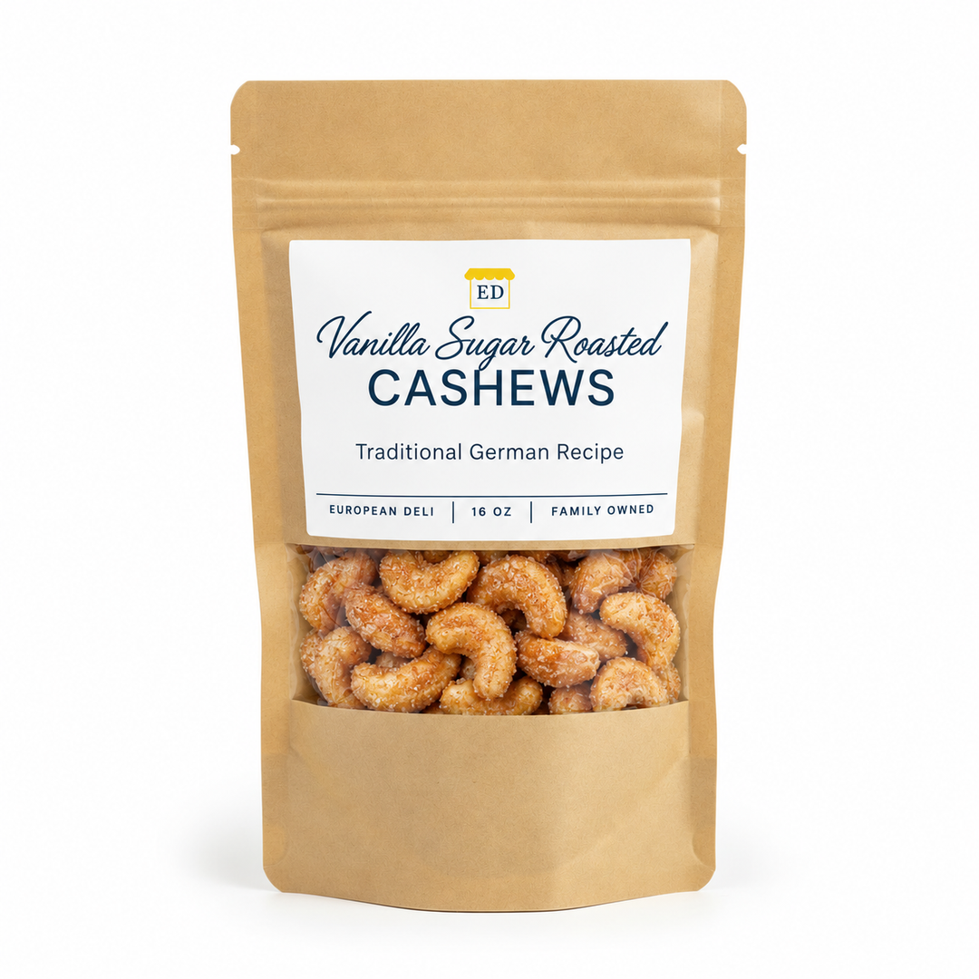 European Deli vanilla sugar roasted cashews, 16 oz pouch on white background