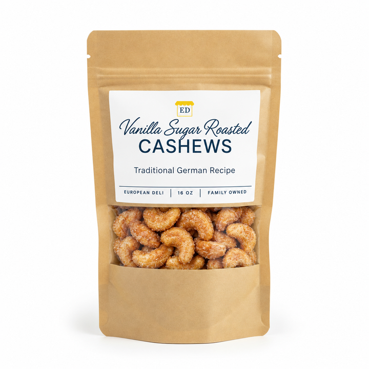 European Deli vanilla sugar roasted cashews, 16 oz pouch on white background
