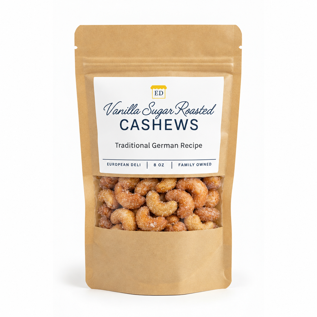European Deli vanilla sugar roasted cashews, 8 oz pouch on white background