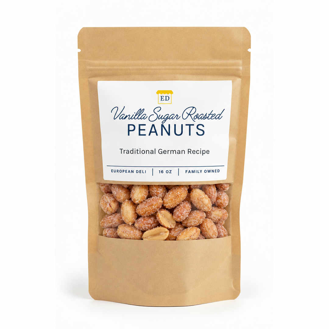 European Deli vanilla sugar roasted peanuts, 16 oz pouch on white background