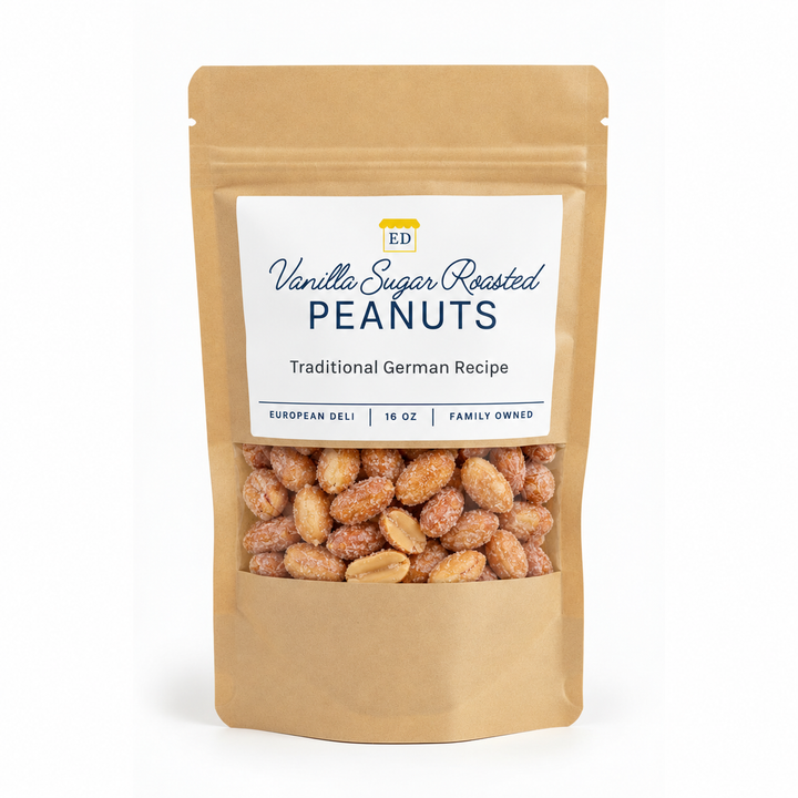 European Deli vanilla sugar roasted peanuts, 16 oz pouch on white background