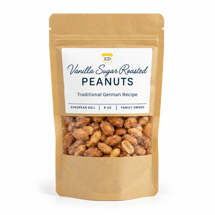 European Deli vanilla sugar roasted peanuts, 8 oz pouch on white background