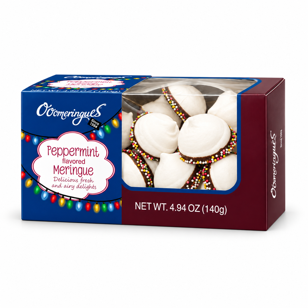 OooMeringues Peppermint Meringues with Sprinkles on a pure white background, 140 g box