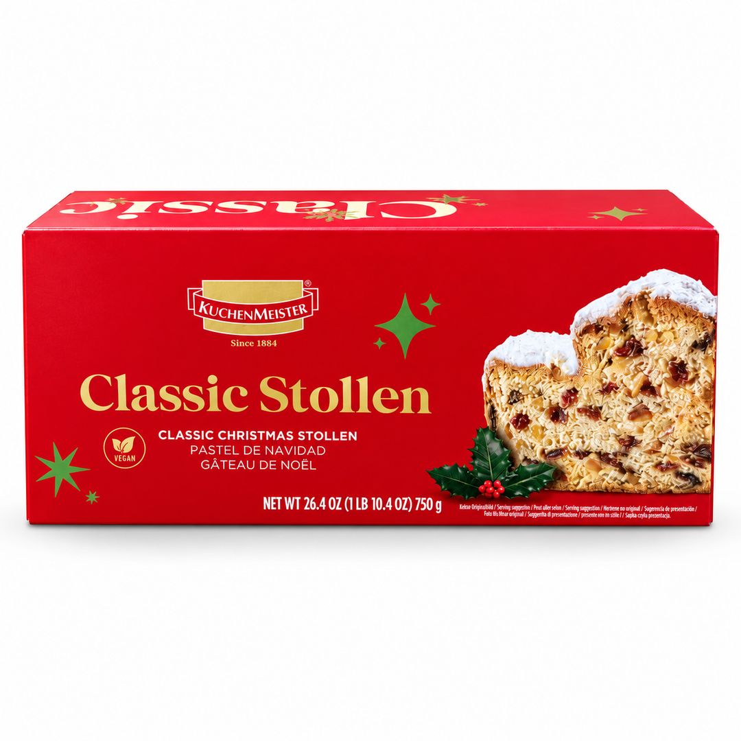 Kuchenmeister Classic Christmas Stollen 750 g in red gift box on a white background