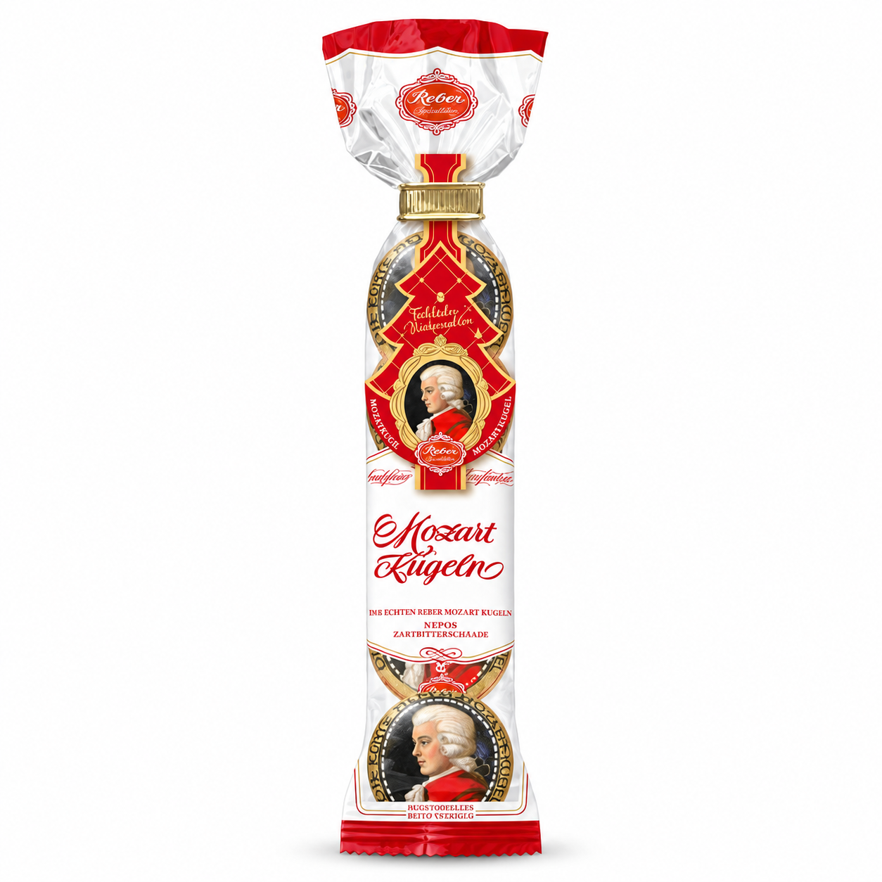 Reber Mozart Kugel in Confectionary Bag 5pc. on a pure white background, five-piece confectionery bag