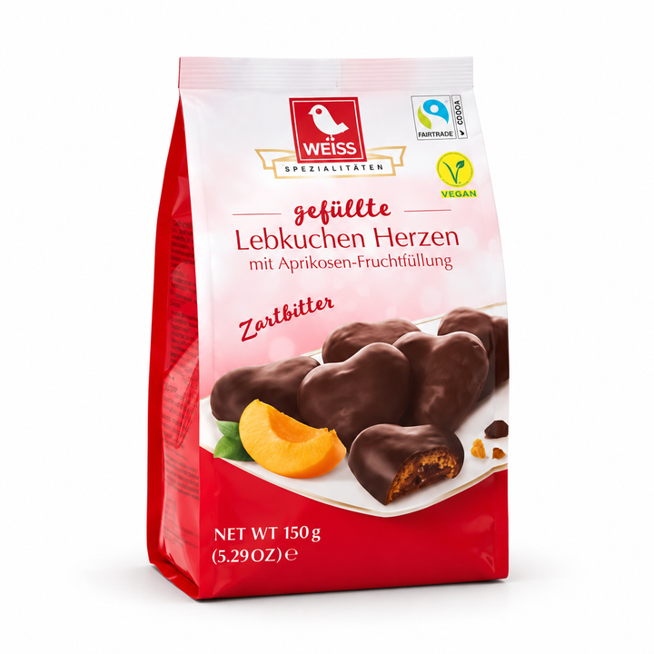 Weiss Dark Chocolate Gingerbread Hearts with Apricot Filling on a pure white background, 150 g bag