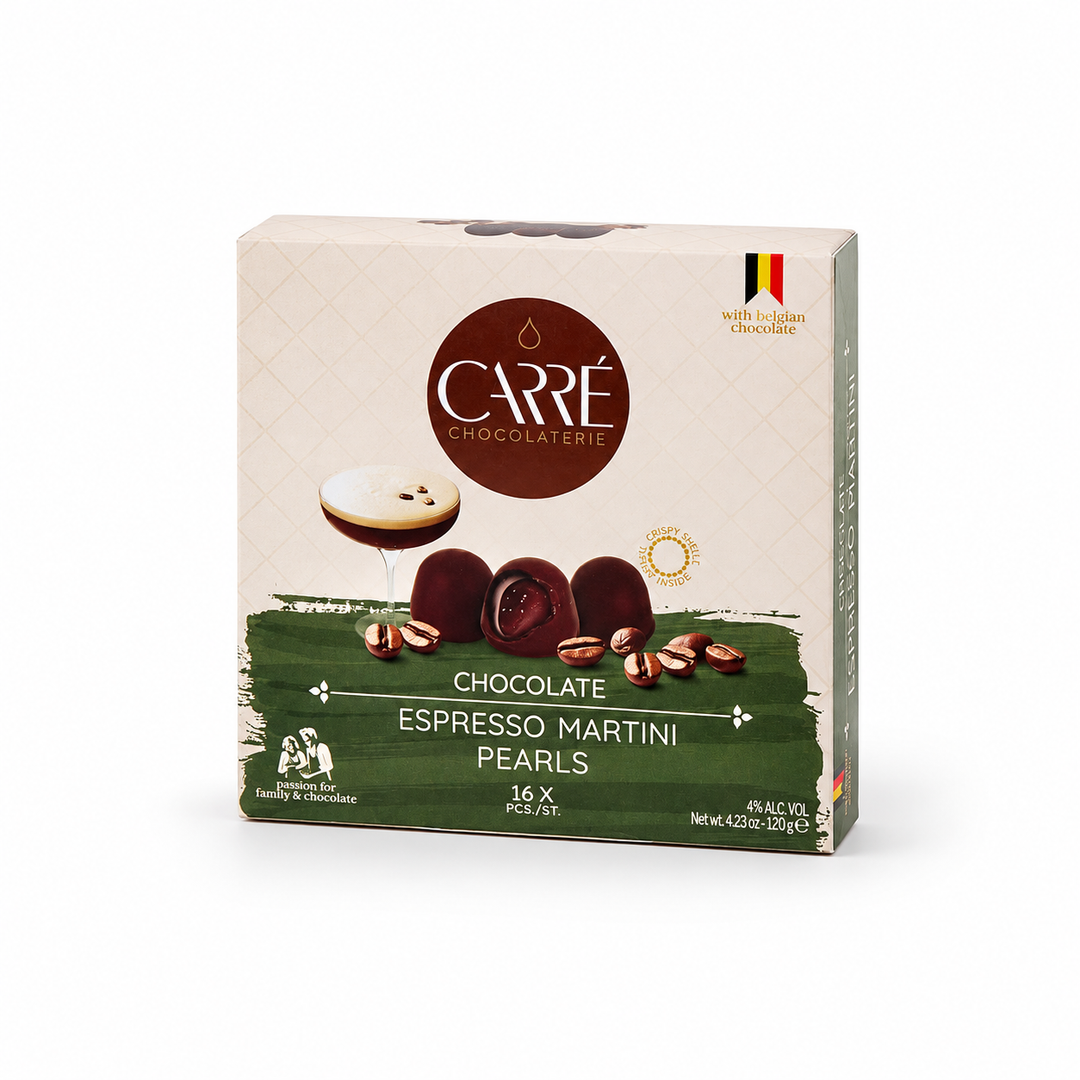 Carré Espresso Martini chocolate pearls, 16 pieces in a 120 g box, on a white background