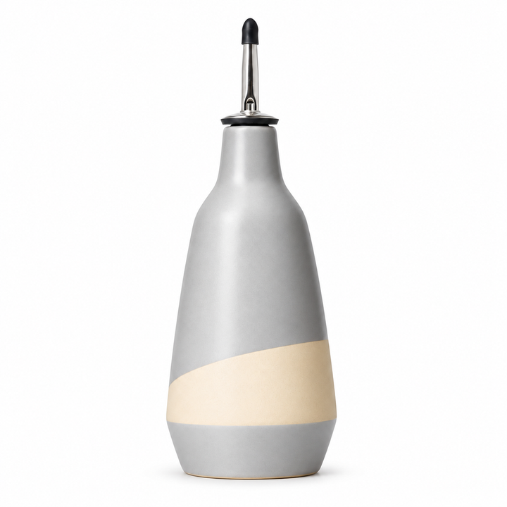 Gray and cream ceramic olive oil dispenser bottle with metal pour spout, 400 ml, on a white background