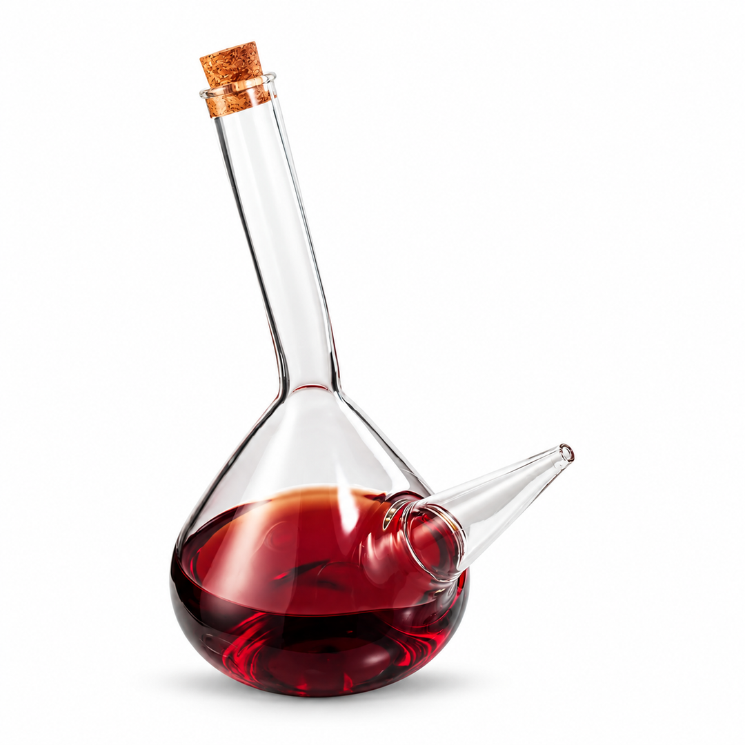 Porron Glass Decanter 34 oz on a pure white background, glass porron with cork and red wine