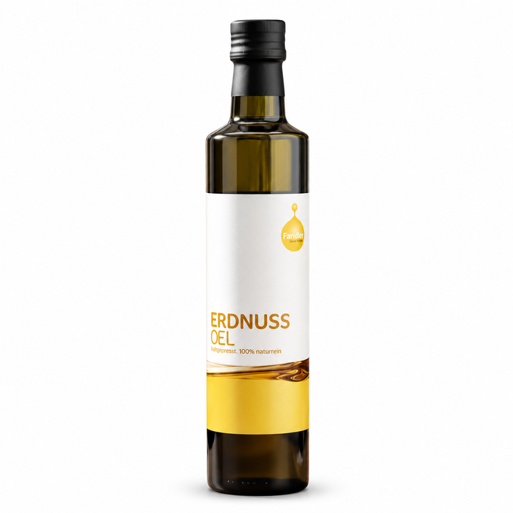 Fandler organic peanut oil, 250 ml bottle on a white background
