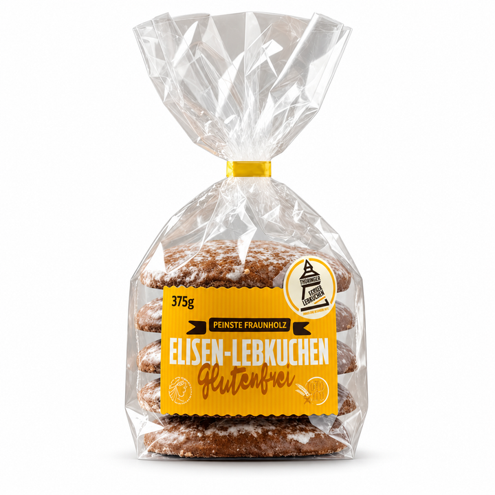 Fraunholz Gluten Free Elisen Lebkuchen with Sugar Glaze product packaging centered on a white background