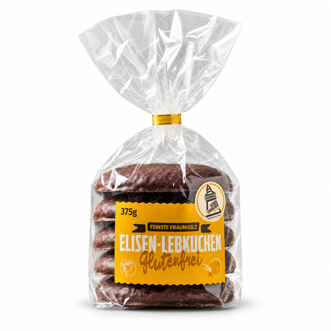 Fraunholz Gluten Free Chocolate Covered Elisen Lebkuchen product packaging centered on a white background