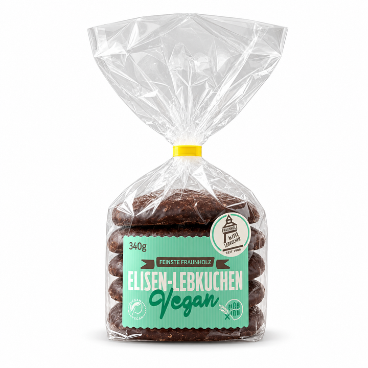 Fraunholz Vegan Chocolate Covered Elisen Lebkuchen 340 g bag on white