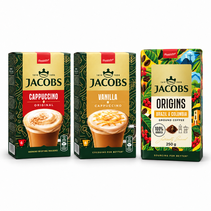 German Kaffeezeit Trio with Jacobs Cappuccino Original, Cappuccino Vanilla and Origins Brazil and Colombia coffee on white