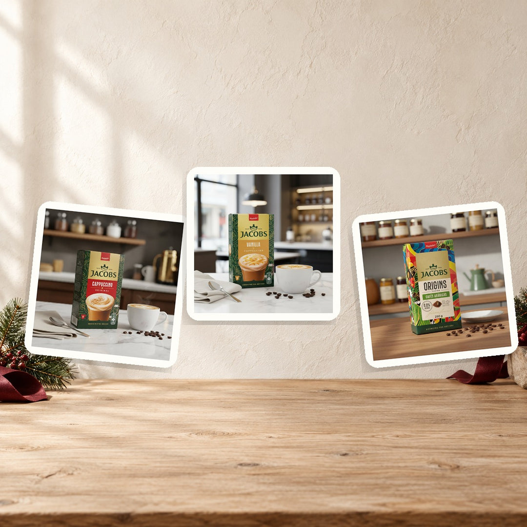 German Kaffeezeit Trio with Jacobs Cappuccino Original, Cappuccino Vanilla, and Origins Brazil and Colombia coffee