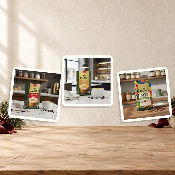 German Kaffeezeit Trio with Jacobs Cappuccino Original, Cappuccino Vanilla, and Origins Brazil and Colombia coffee