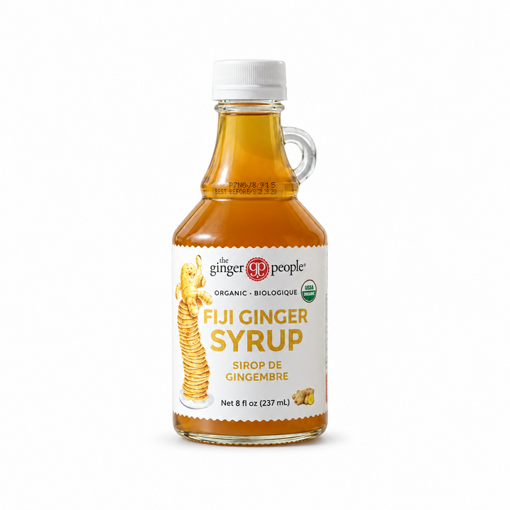 Ginger People Organic Fiji Ginger Syrup bottle on a white background
