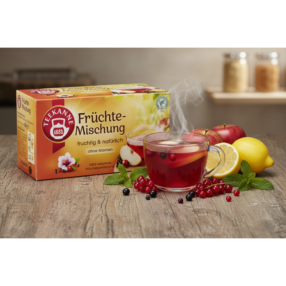 Teekanne Früchte-Mischung mixed fruit tea box with brewed tea and fruit