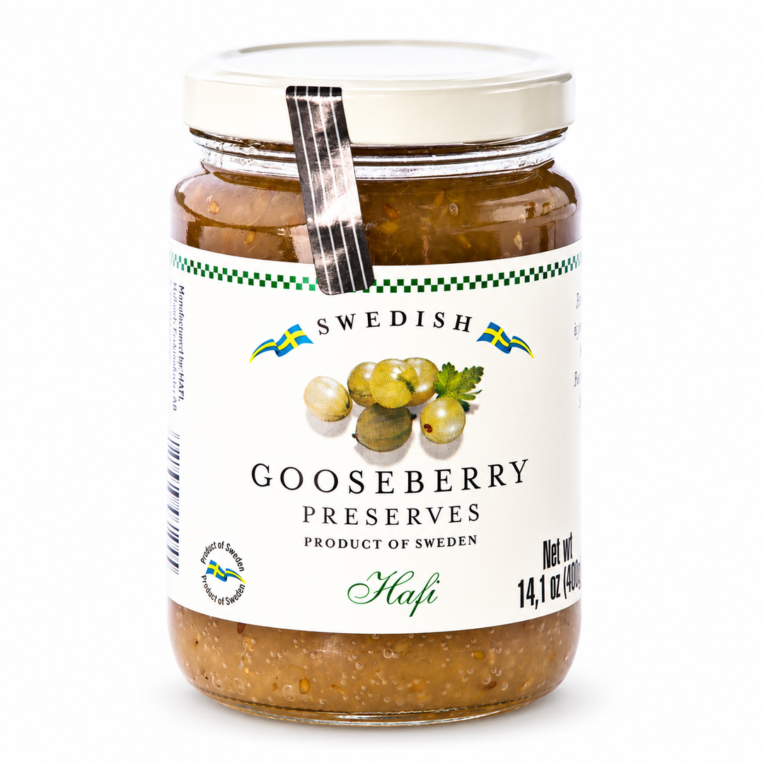 Hafi Gooseberry Preserves product packaging centered on a white background