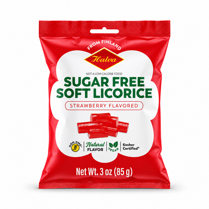 Halva Sugar-Free Strawberry Soft Licorice, 85 g bag, front view
