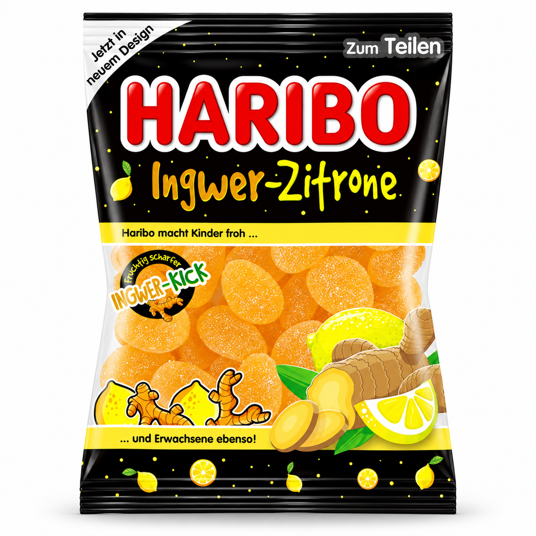 Haribo Ginger-Lemon centered on a pure white background