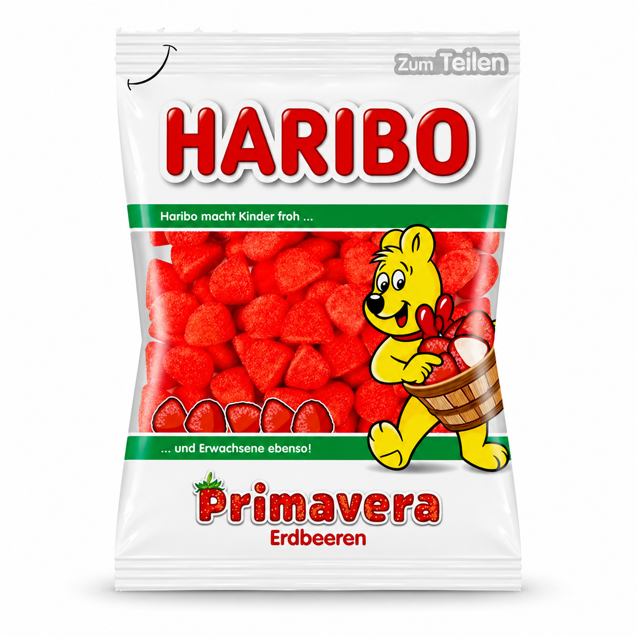Haribo Primavera strawberry foam candies in a white bag