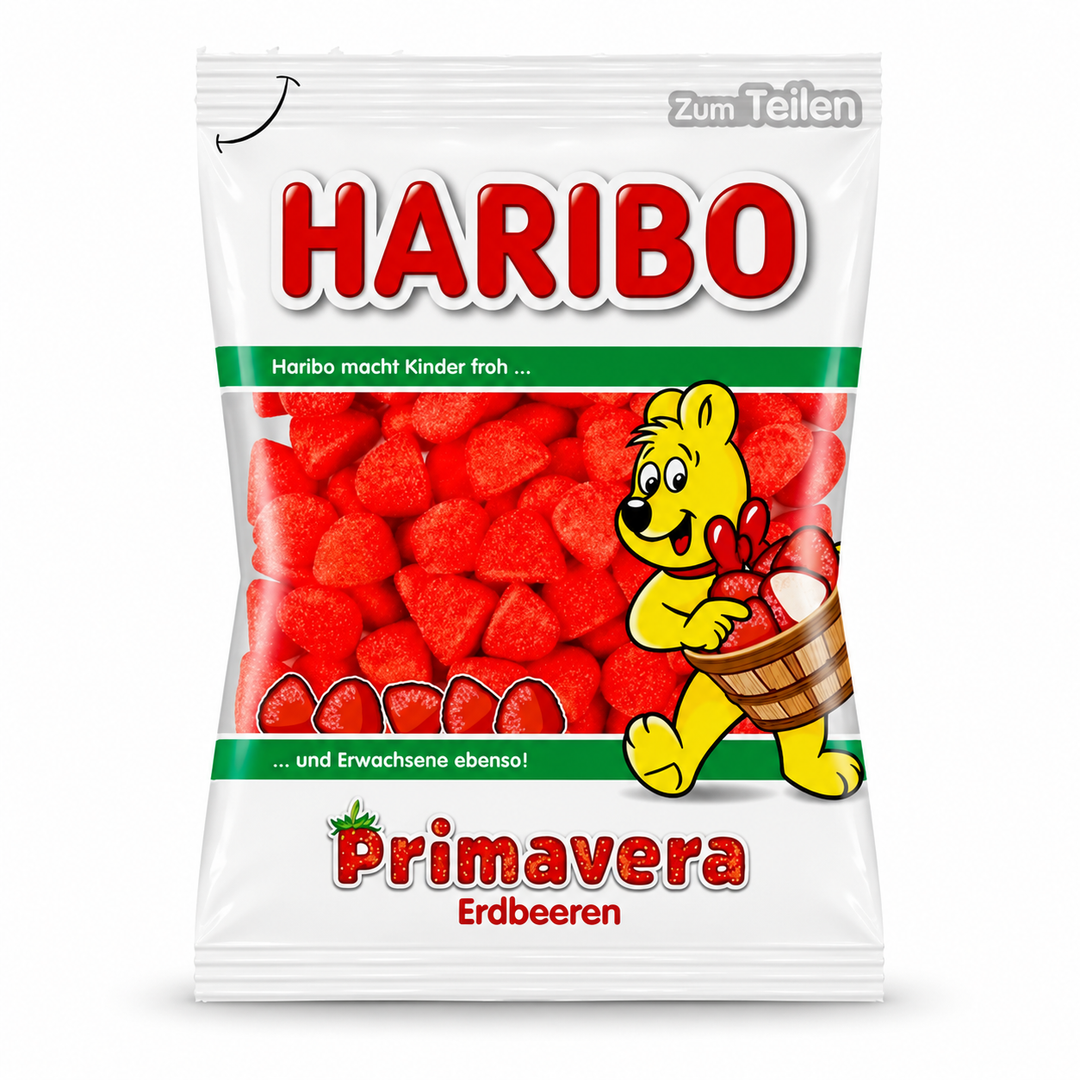 Haribo Primavera strawberry foam candies in a white bag