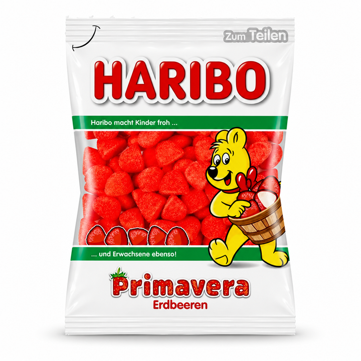 Haribo Primavera strawberry foam candies in a white bag