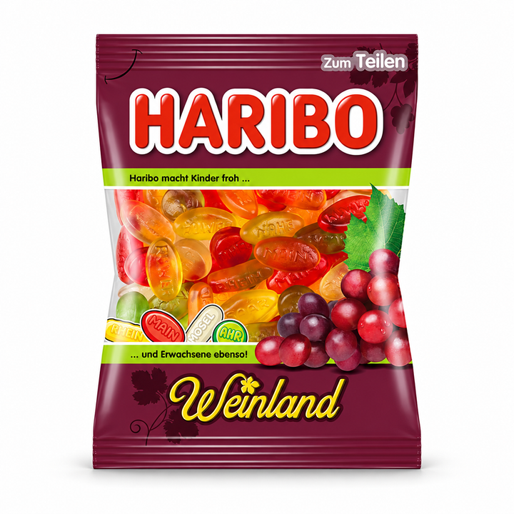 Haribo Weinland wine gummies in a burgundy sharing bag on a white background