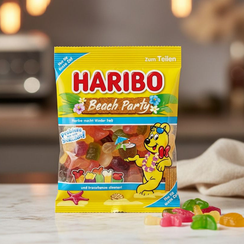 Haribo Beach Party fruit gummies, 175 g bag with colorful gummies on a counter