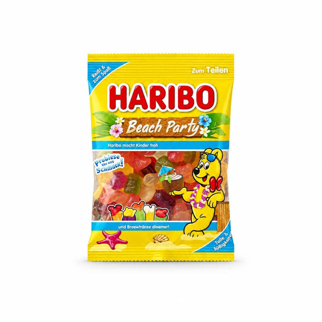 Haribo Beach Party fruit gummies, 175 g bag, front view