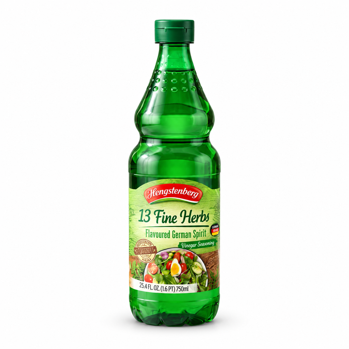 Hengstenberg 13 Fine Herbs Vinegar product packaging centered on a white background