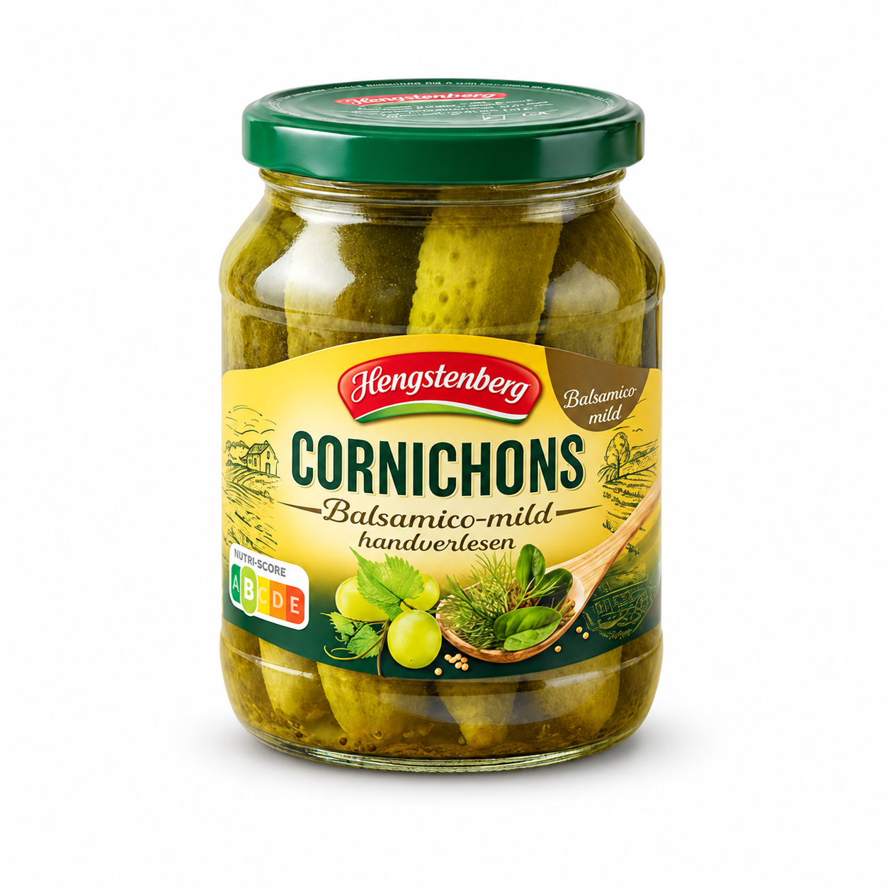 Hengstenberg Mild Cornichons with white balsamic vinegar jar, front view