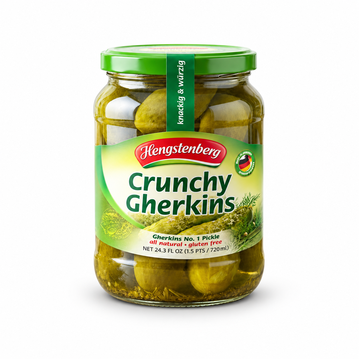 Hengstenberg Crunchy Gherkins product packaging centered on a white background