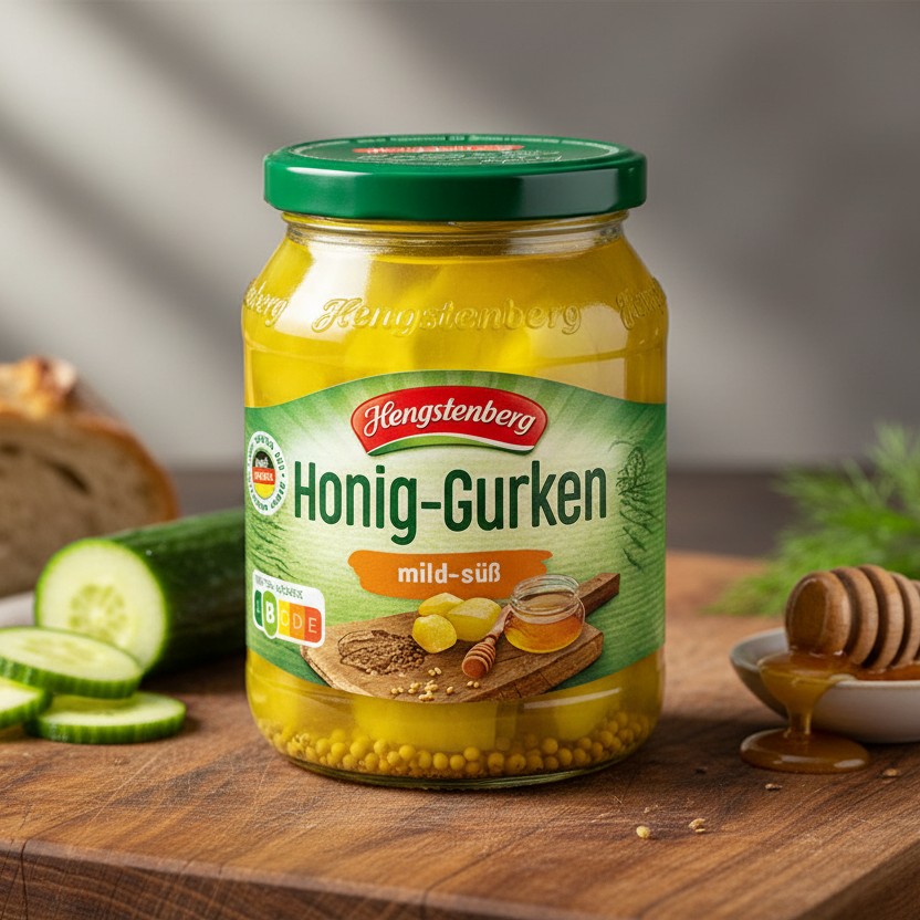 Hengstenberg Honig-Gurken honey pickles 370 ml jar in a kitchen scene