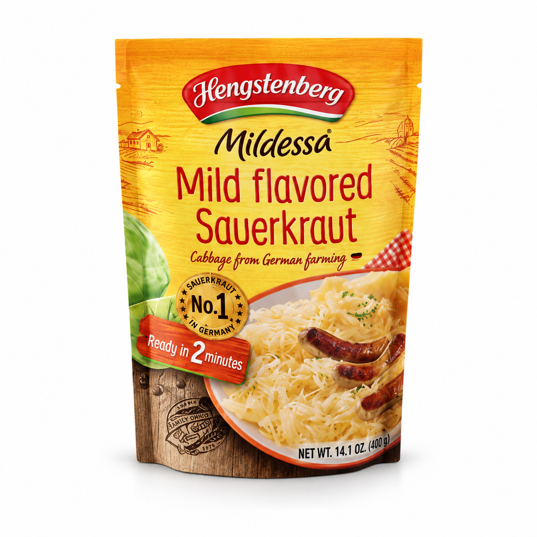 Hengstenberg Mildessa Mild Sauerkraut 14.1 oz pouch on white