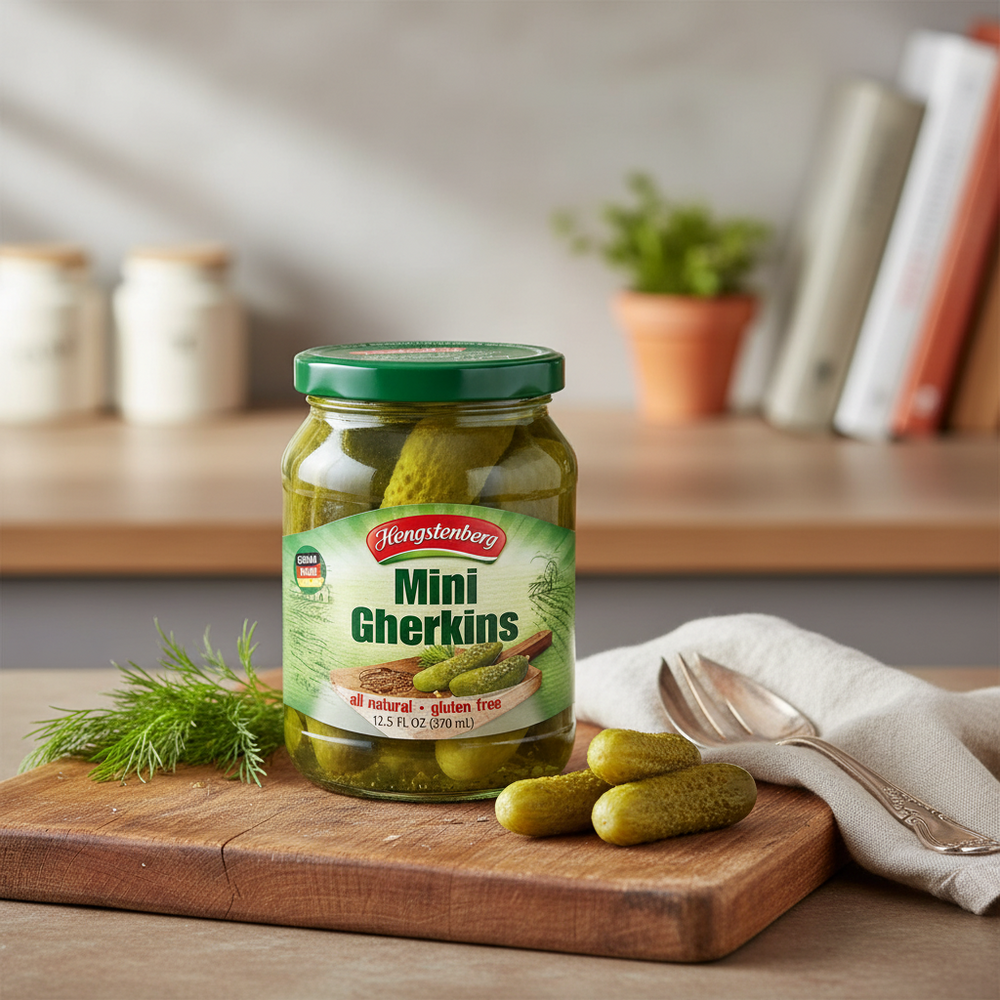 Hengstenberg Mini Gherkins 370 ml jar with gherkins on a cutting board