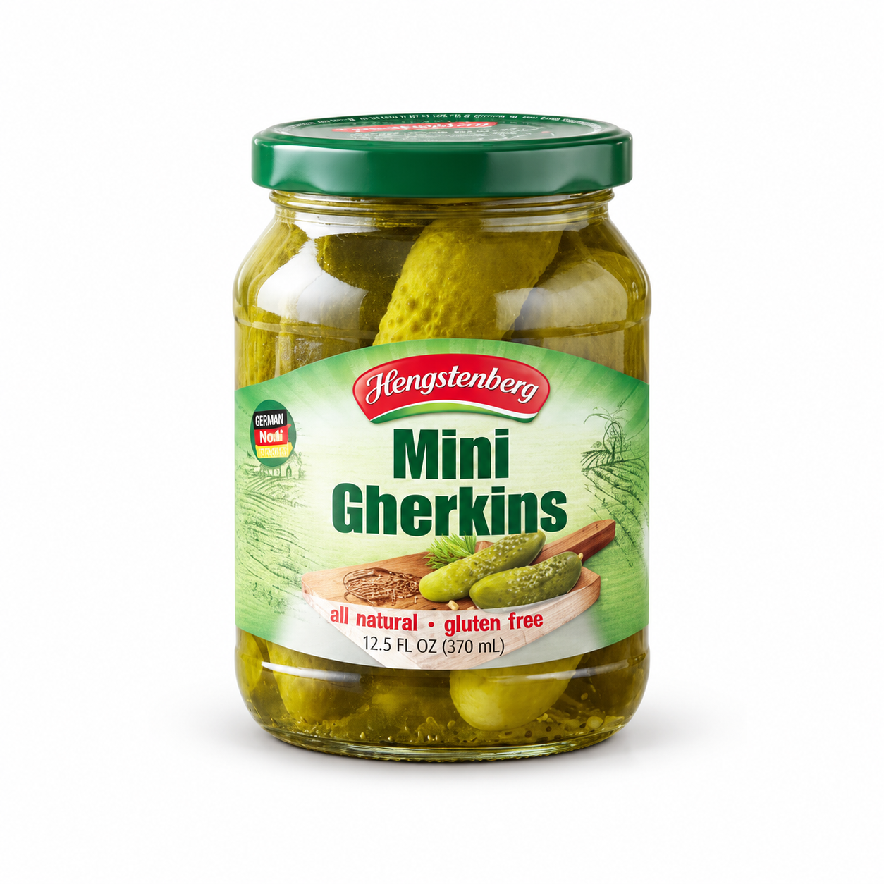 Hengstenberg Mini Gherkins 370 ml jar, front view