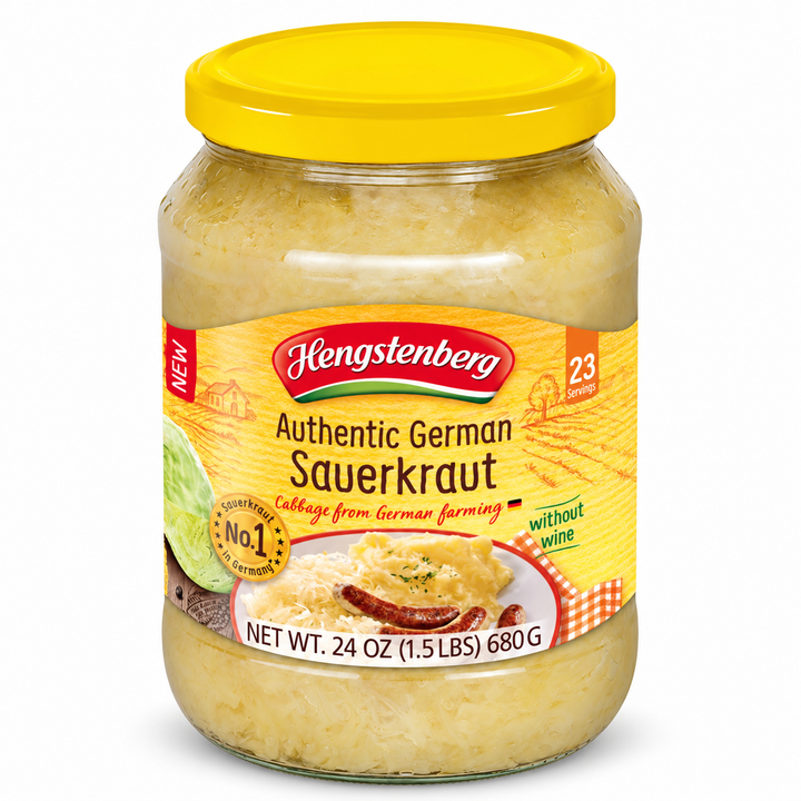 Hengstenberg authentic German sauerkraut 24 oz jar on white