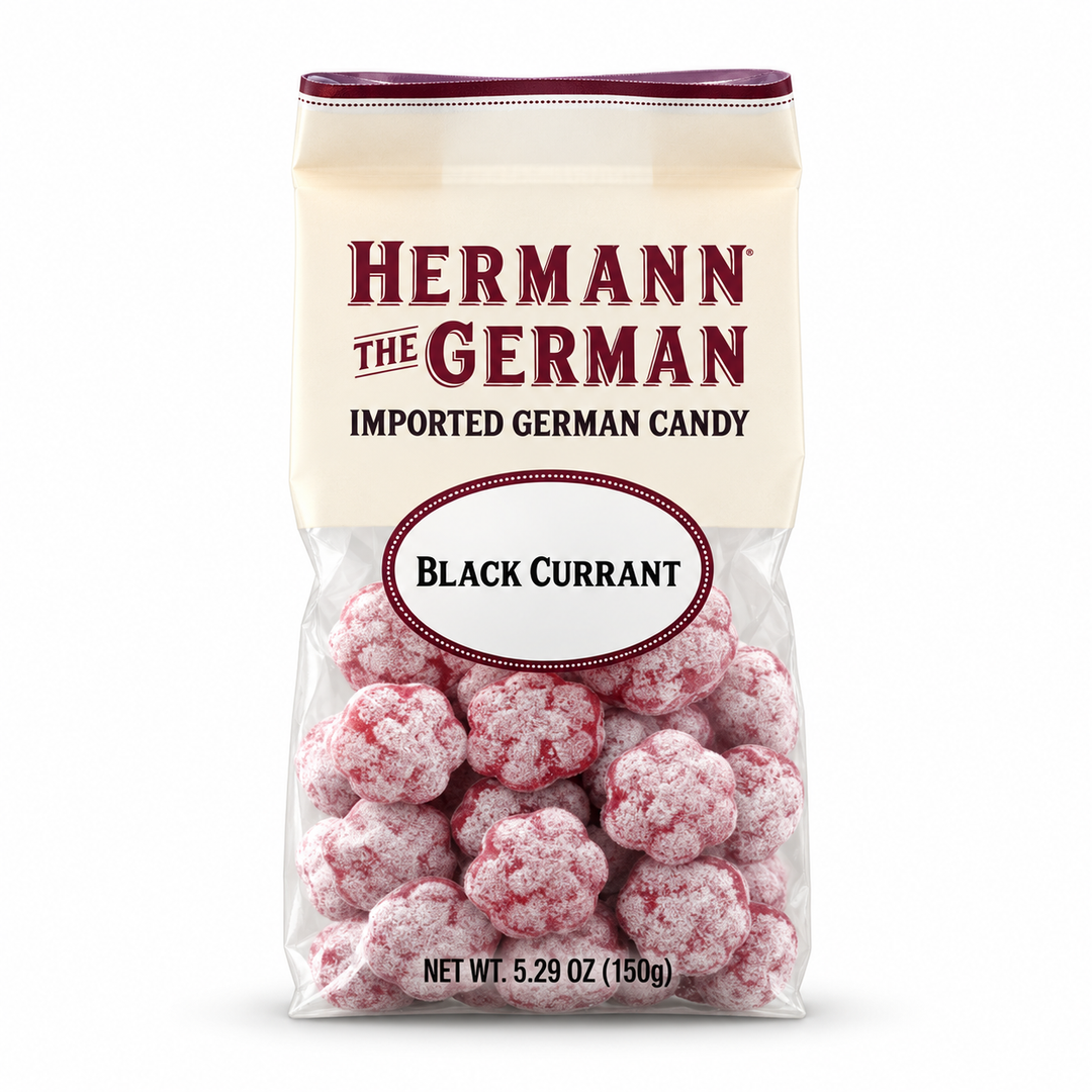 Hermann the German Black Currant Candy 5.29 oz bag on a white background