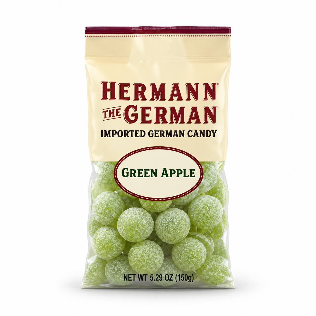 Hermann the German Green Apple Candy 5.29 oz bag on a white background