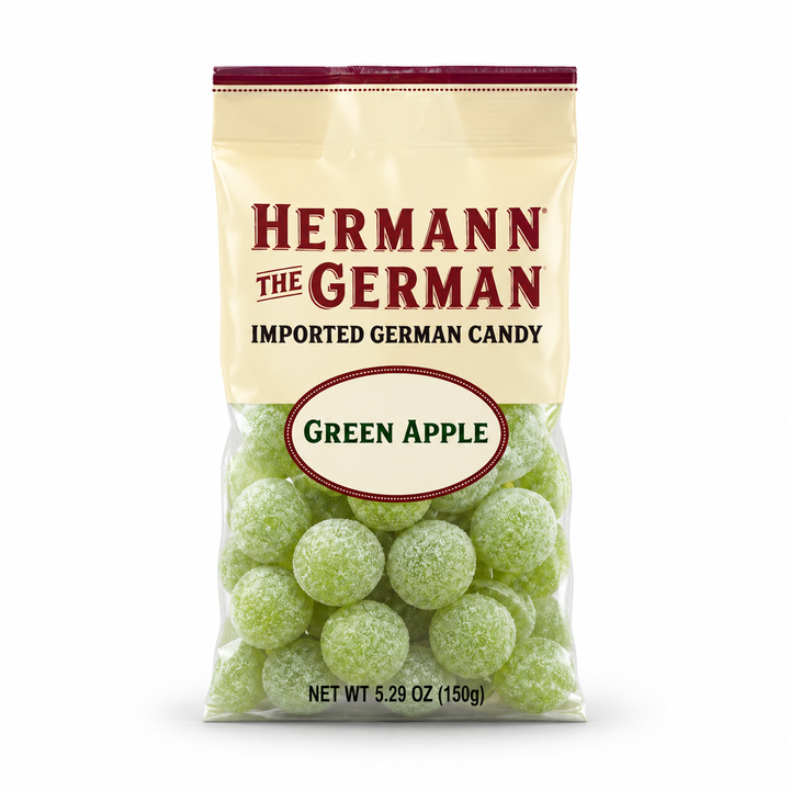 Hermann the German Green Apple Candy 5.29 oz bag on a white background
