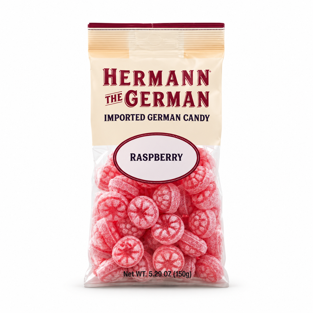 Hermann the German Raspberry Candy 5.29 oz bag on a white background