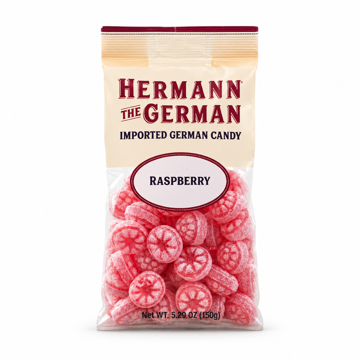 Hermann the German Raspberry Candy 5.29 oz bag on a white background