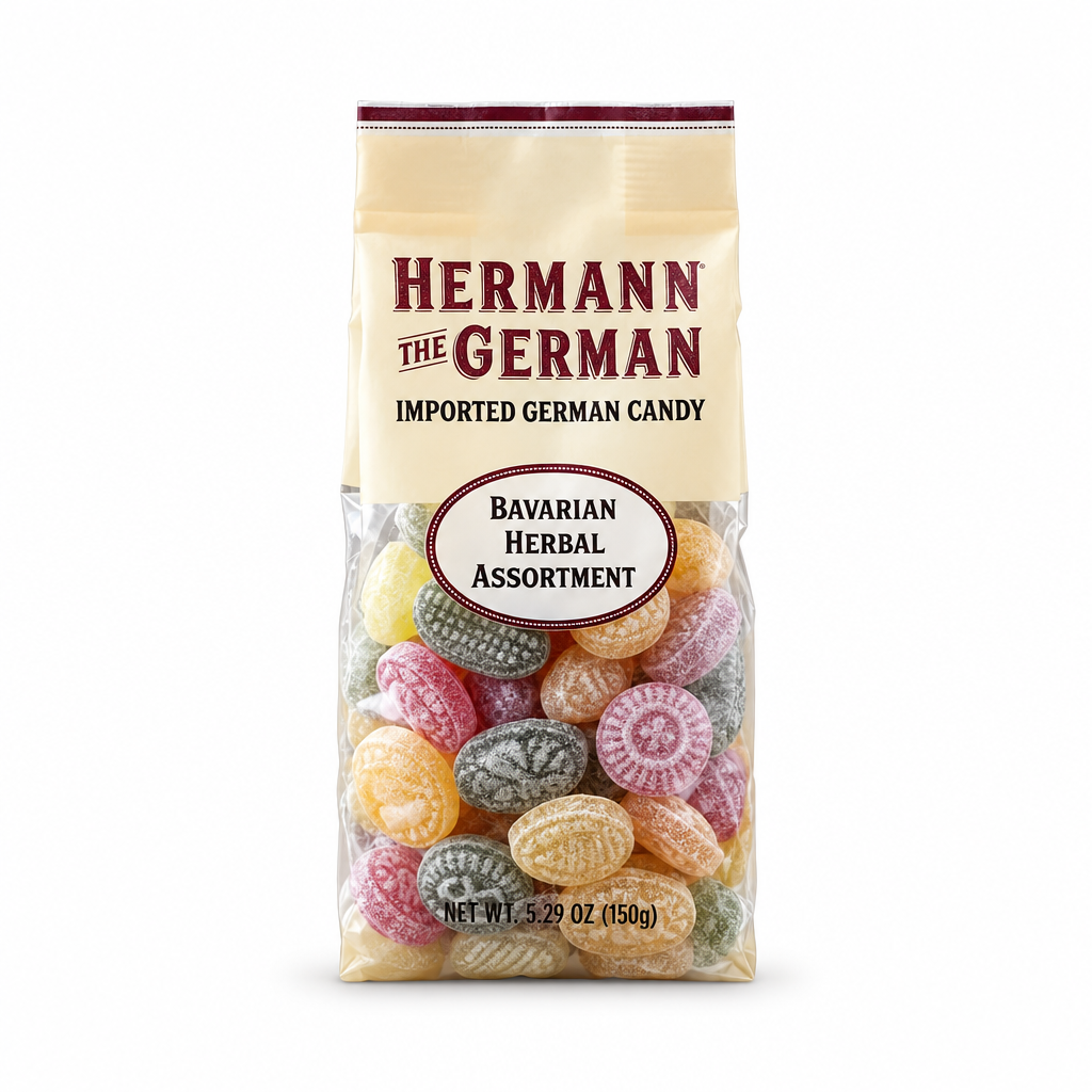 Hermann the German Bavarian Herbal Assortment Candy package on a white background